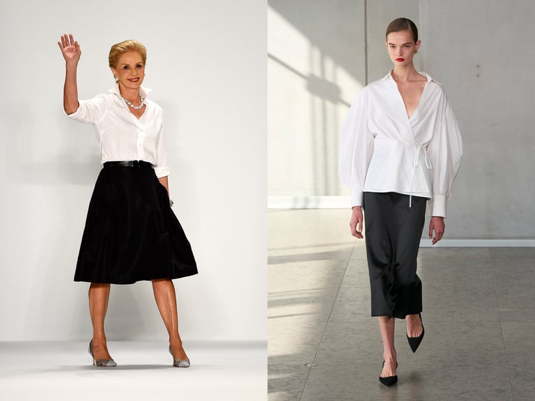 Carolina Herrera with her characteristic white button;  Wes Gordon's take on the style in the Spring/Summer 2024 collection.