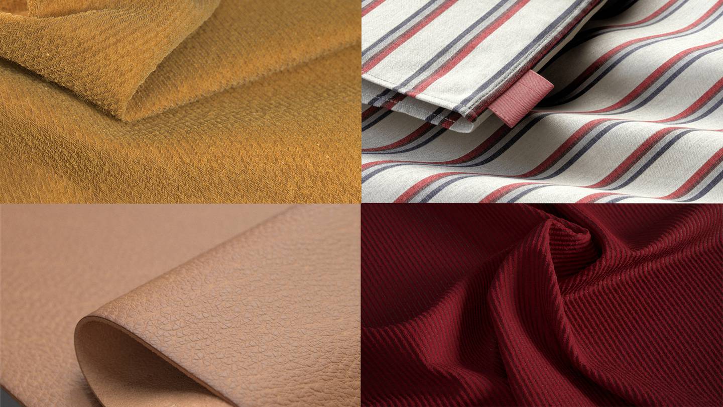 A collage image shows realistic renderings of different materials, including striped shirting and textured leather.