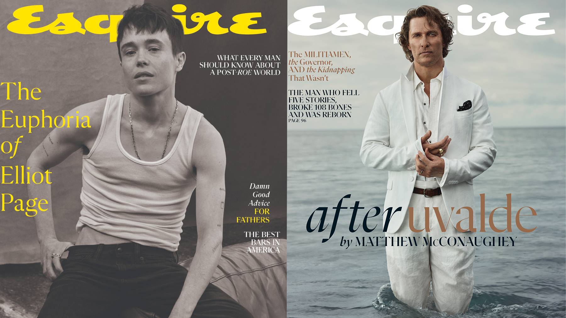 Elliot Page and Matthew McConaughey on the Summer and October 2022 covers of Esquire, respectively