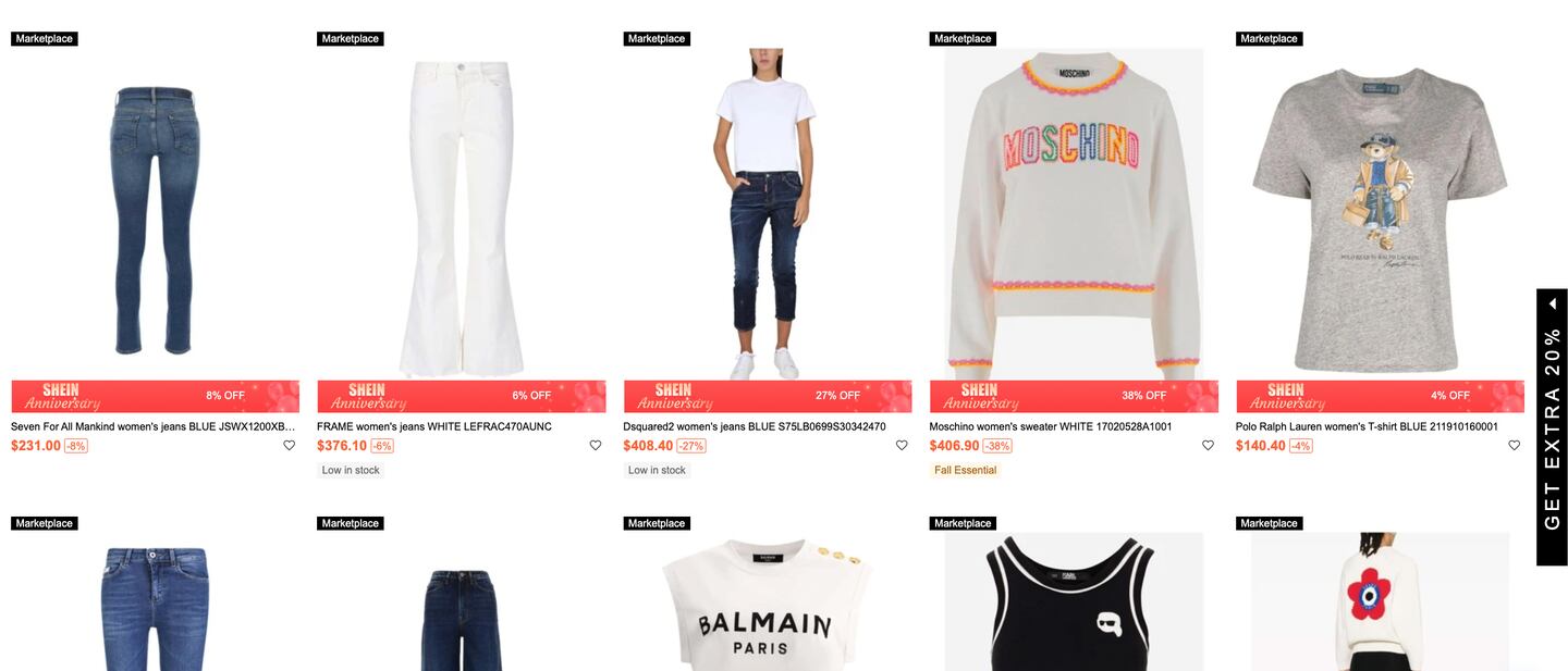 More Shein listings that advertise Moschino, Frame, Polo Ralph Lauren, DSquared2 products.