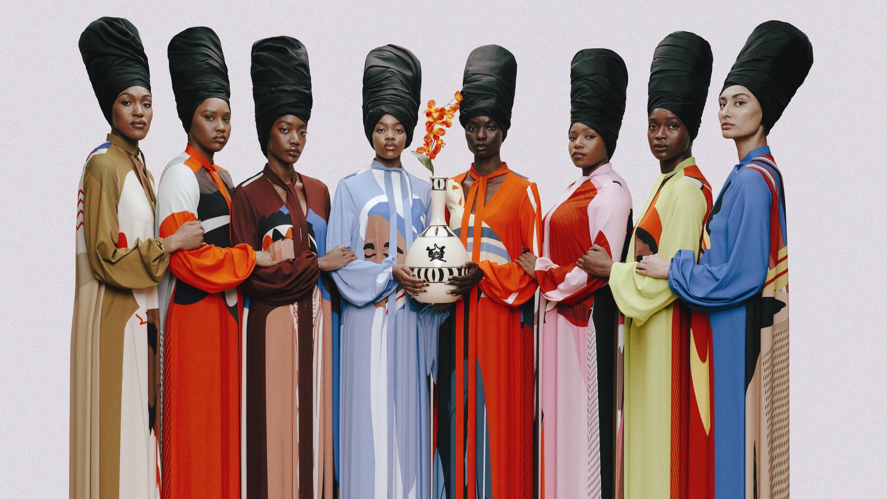 African women donning designer Thebe Magugu's recent collection.