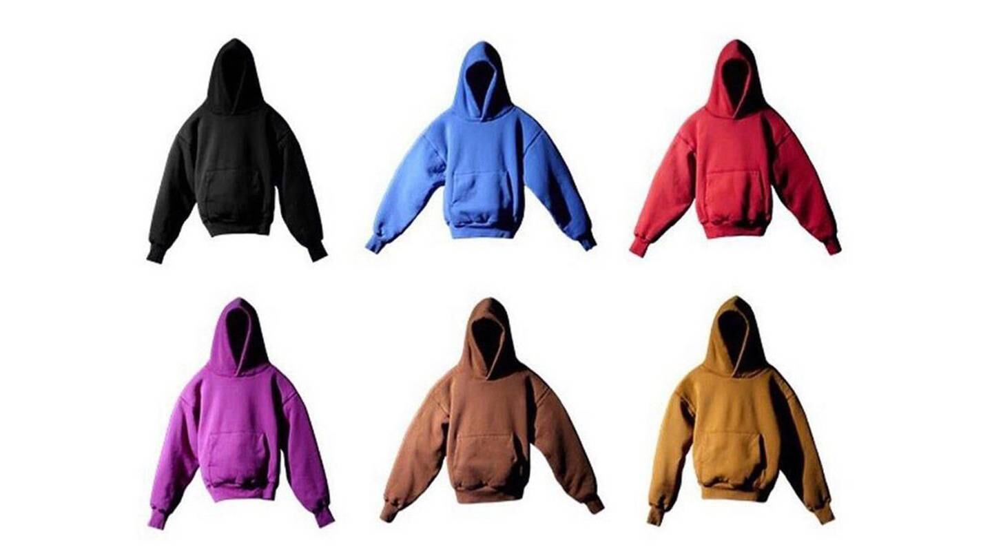 An array of six Yeezy x Gap hoodies in different colours.