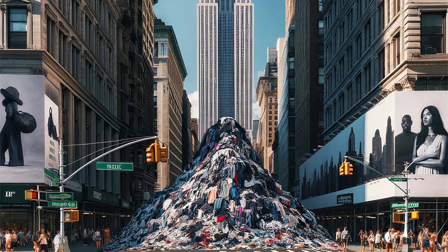 A pile of old clothes on front of the Empire State Building in New York.