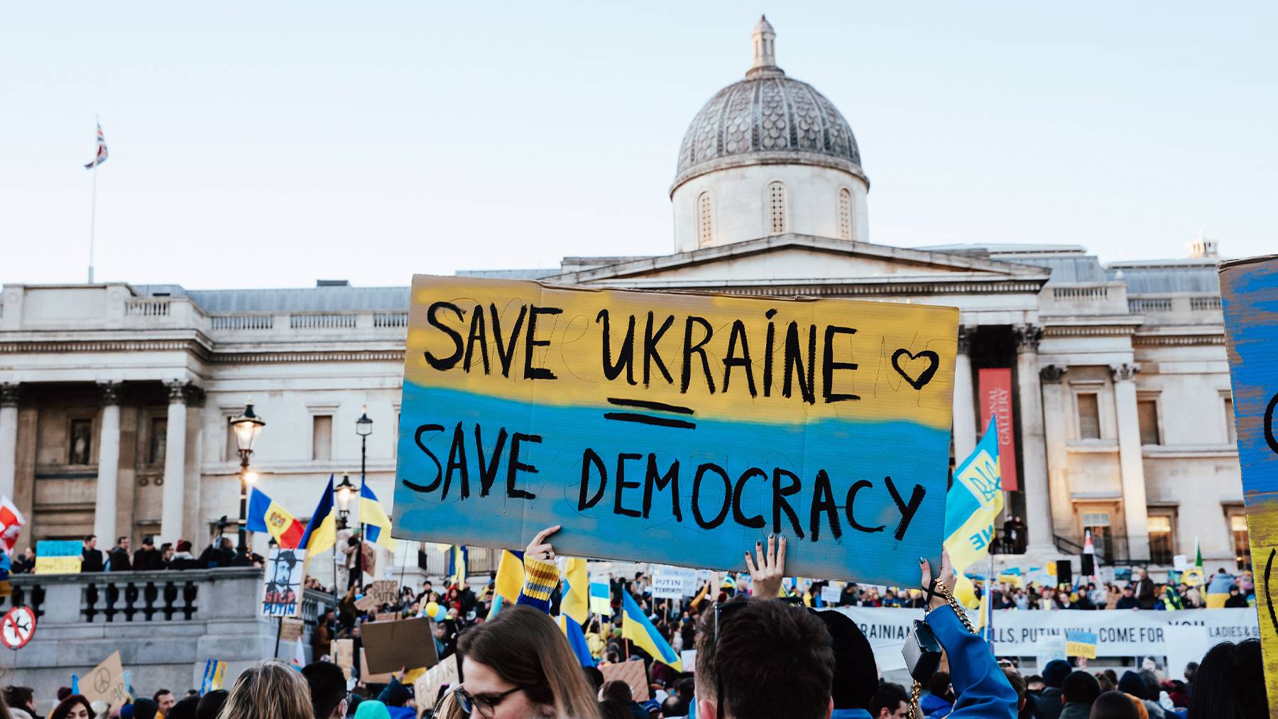 Protesters demonstrate against Russia's invasion of Ukraine in London in February.