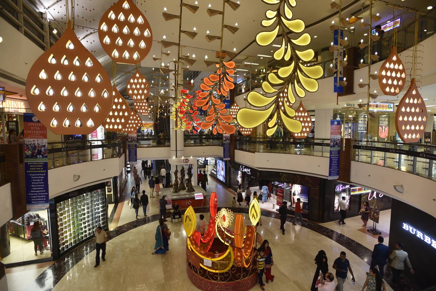 Festive decorations in the Select City Mall in New Delhi, India during the October 2016 Dhanteras holiday leading up to Diwali.