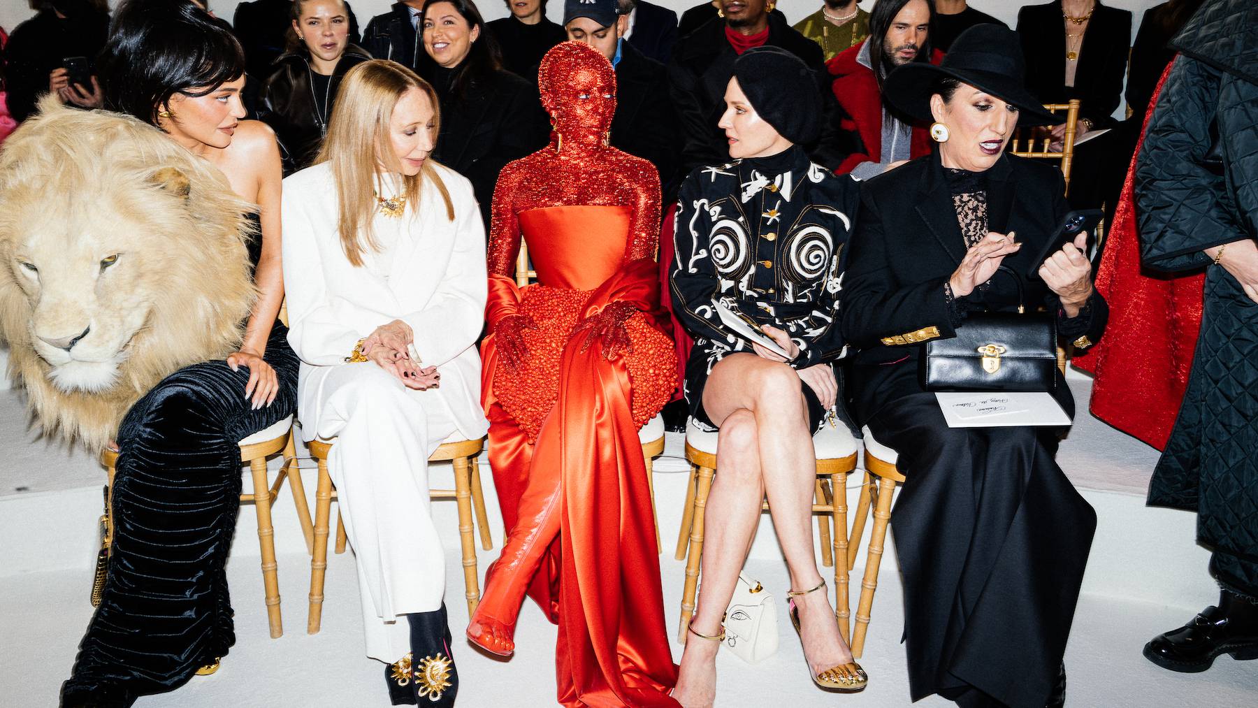 (Left to right) Front row at Schiaparelli's Couture show in Paris: Kylie Jenner, Marisa Berenson, Doja Cat, Diane Kruger and Rossy de Palma.