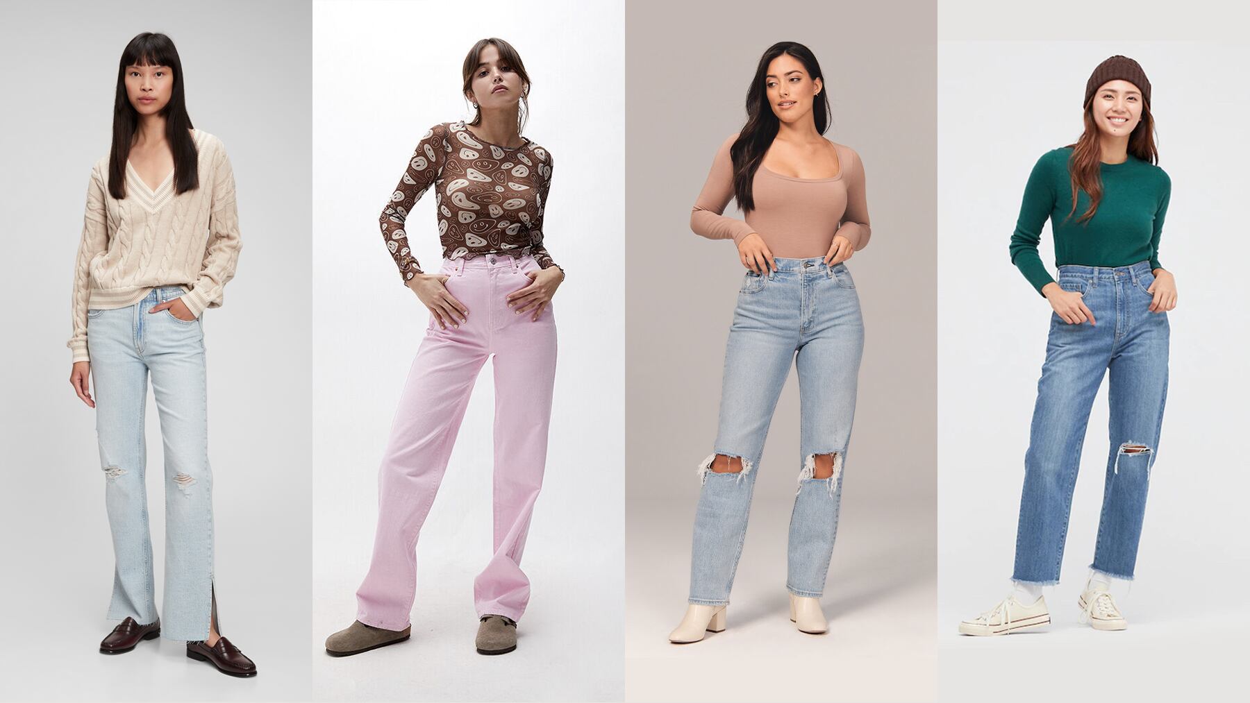 Wider-leg styles, driven by TikTok trends and the consumer preference for comfort, have unseated skinny jeans as new best-sellers in denim. From left, styles by Gap, PacSun, Abercrombie & Fitch and Uniqlo.