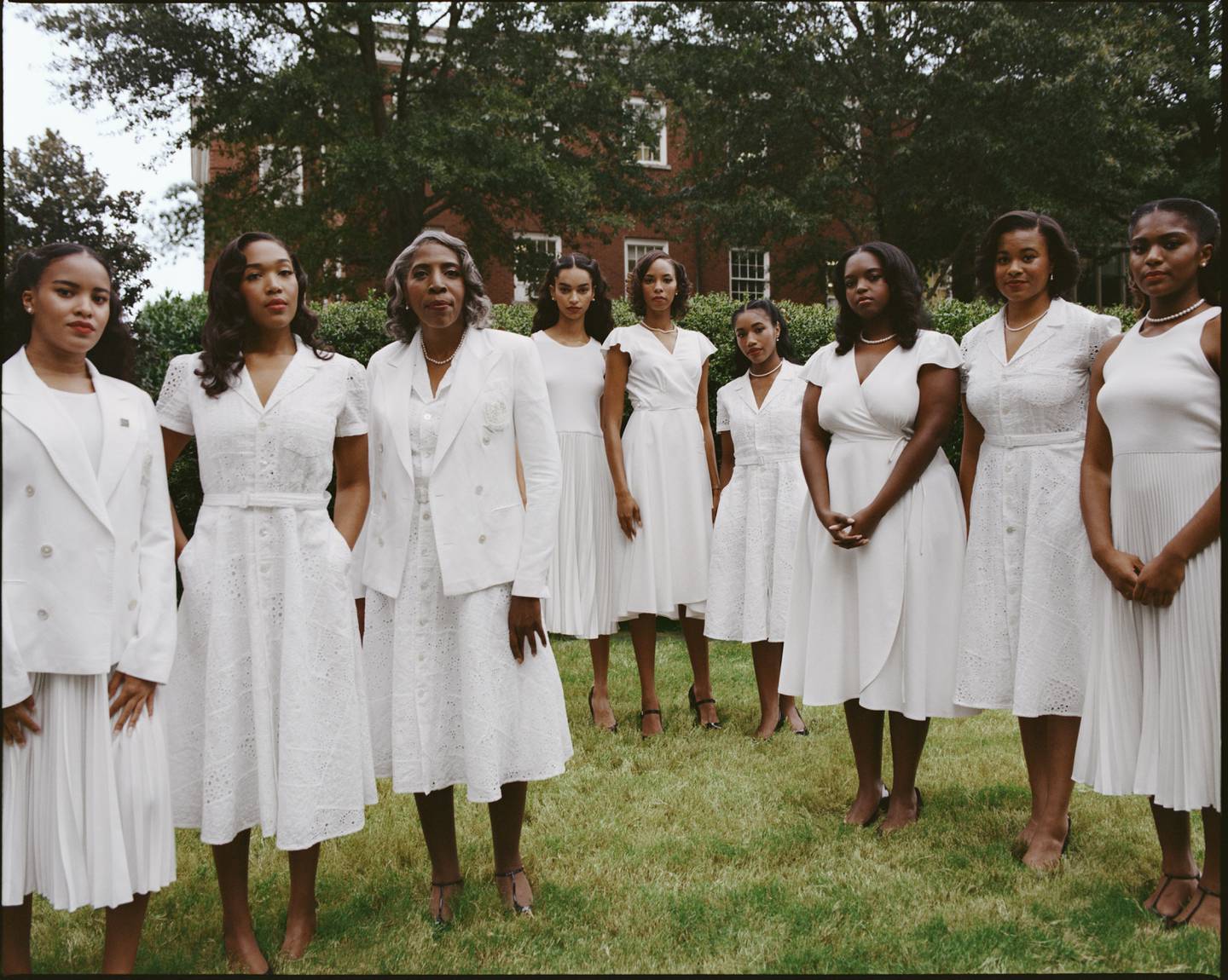 The white patchwork eyelet and silk wrap dresses anchor the Spelman collection and symbolize the white attire ceremony that marks students’ induction into the college.