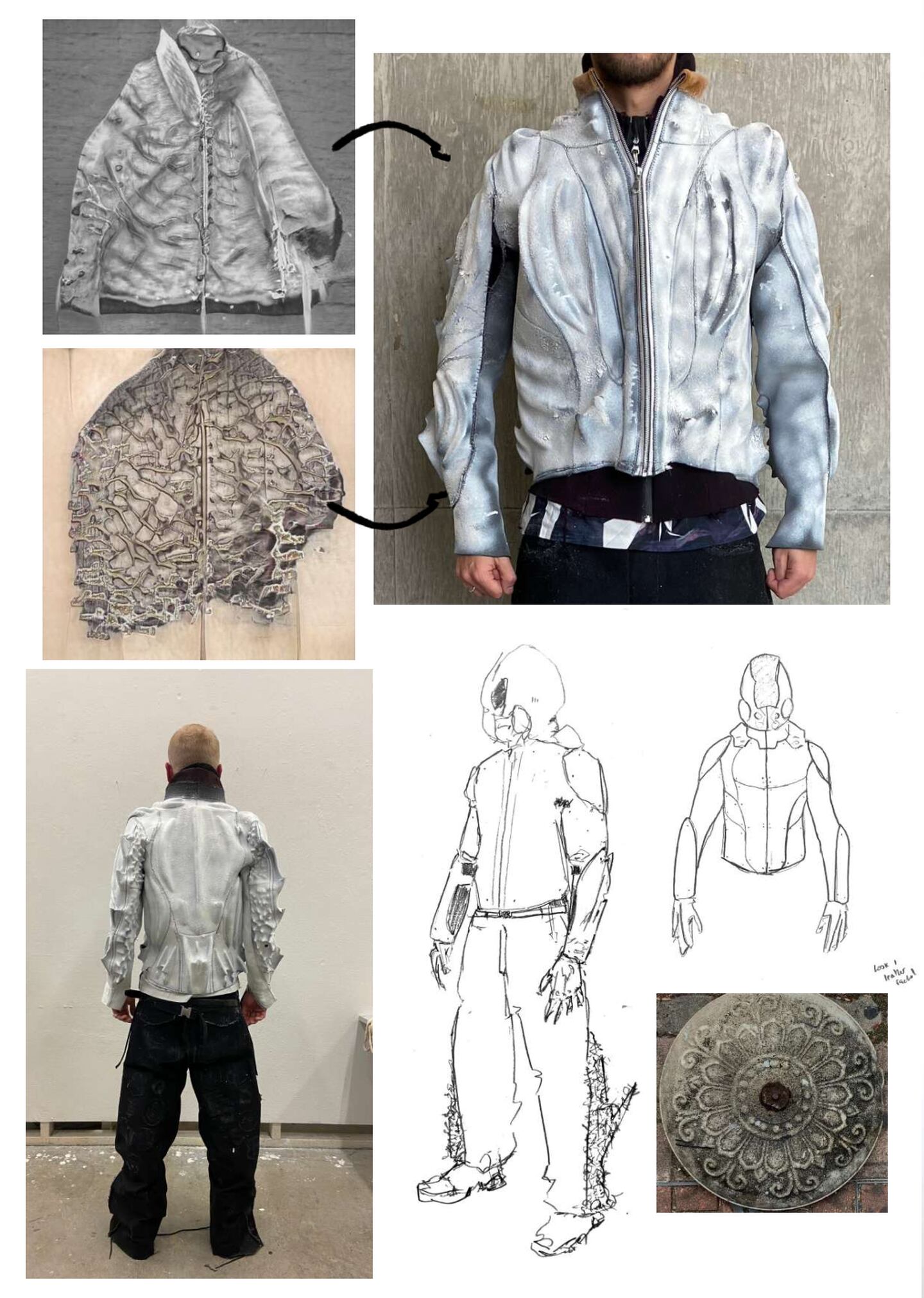 An AI-generated image of what looks like a coat made of melting white wax is positioned next to an image wearing a physical version.