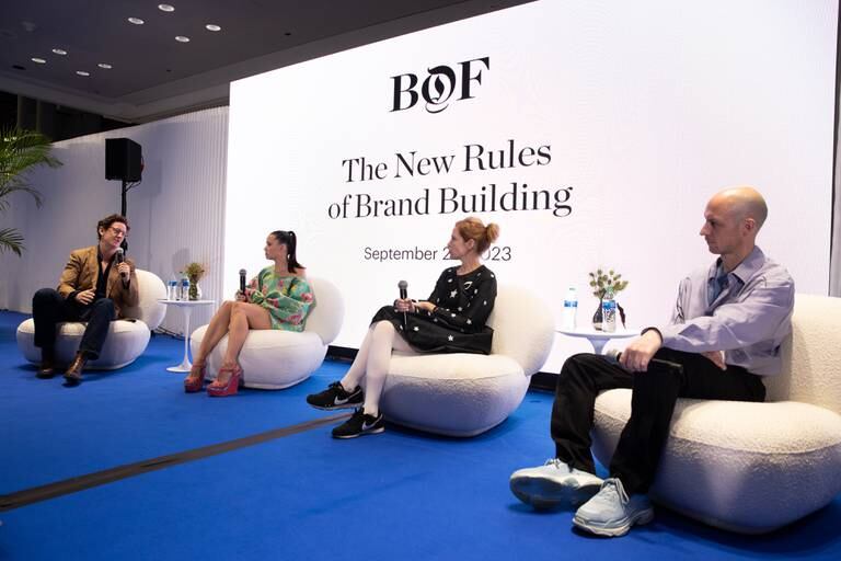 BoF's panel at Coterie New York on "The New Rules of Brand Building," featuring, from left: BoF's Robin Mellery-Pratt; Arianne Elmy, founder of her eponymous brand; Batsheva Hay of Batsheva and Christian Juuls Nielsen, founder of Aknvas.