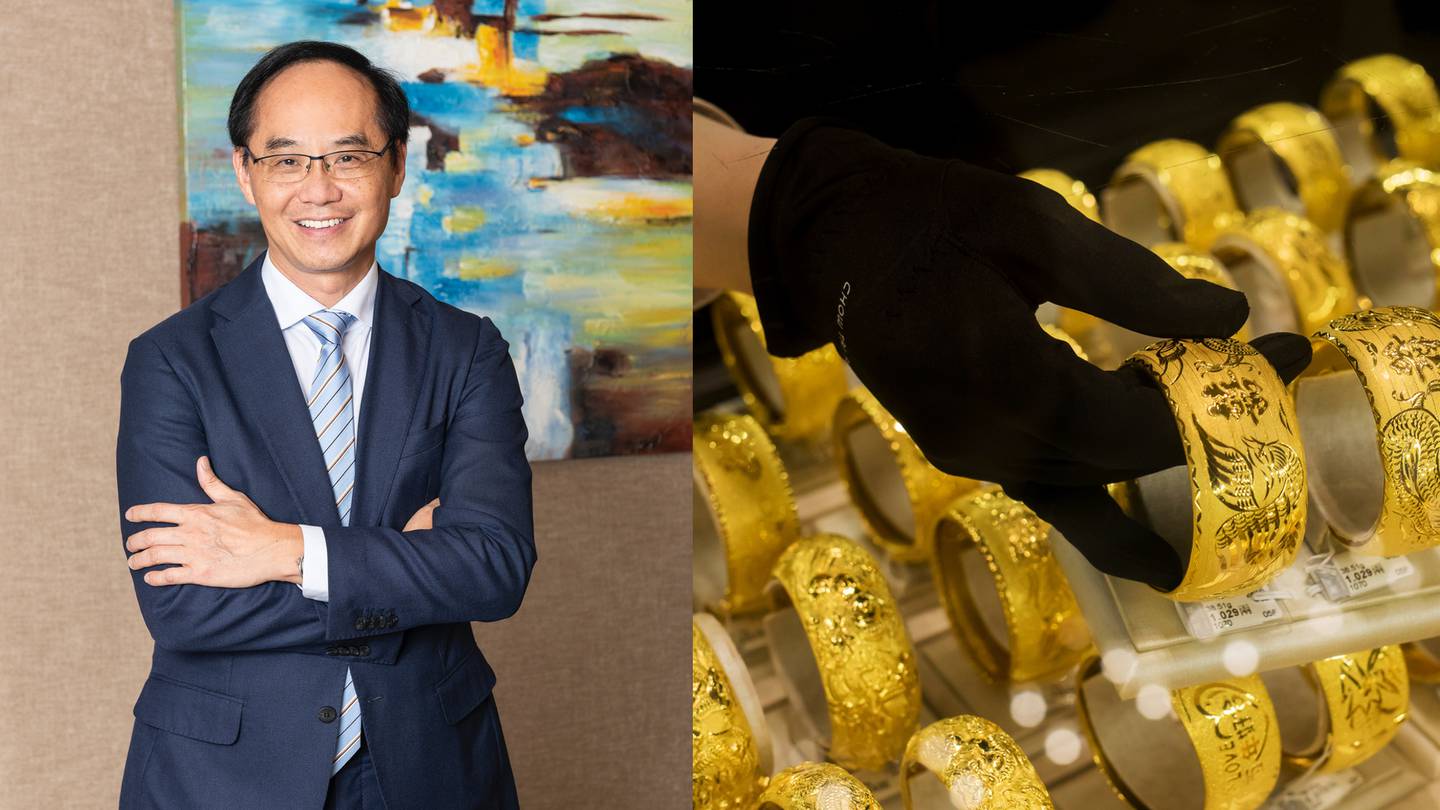 Chow Tai Fook managing director Kent Wong Siu-Kee; an employee arranges gold bangles inside a Chow Tai Fook Jewellery Group jewellery store in Hong Kong. Chow Tai Fook; Getty Images.