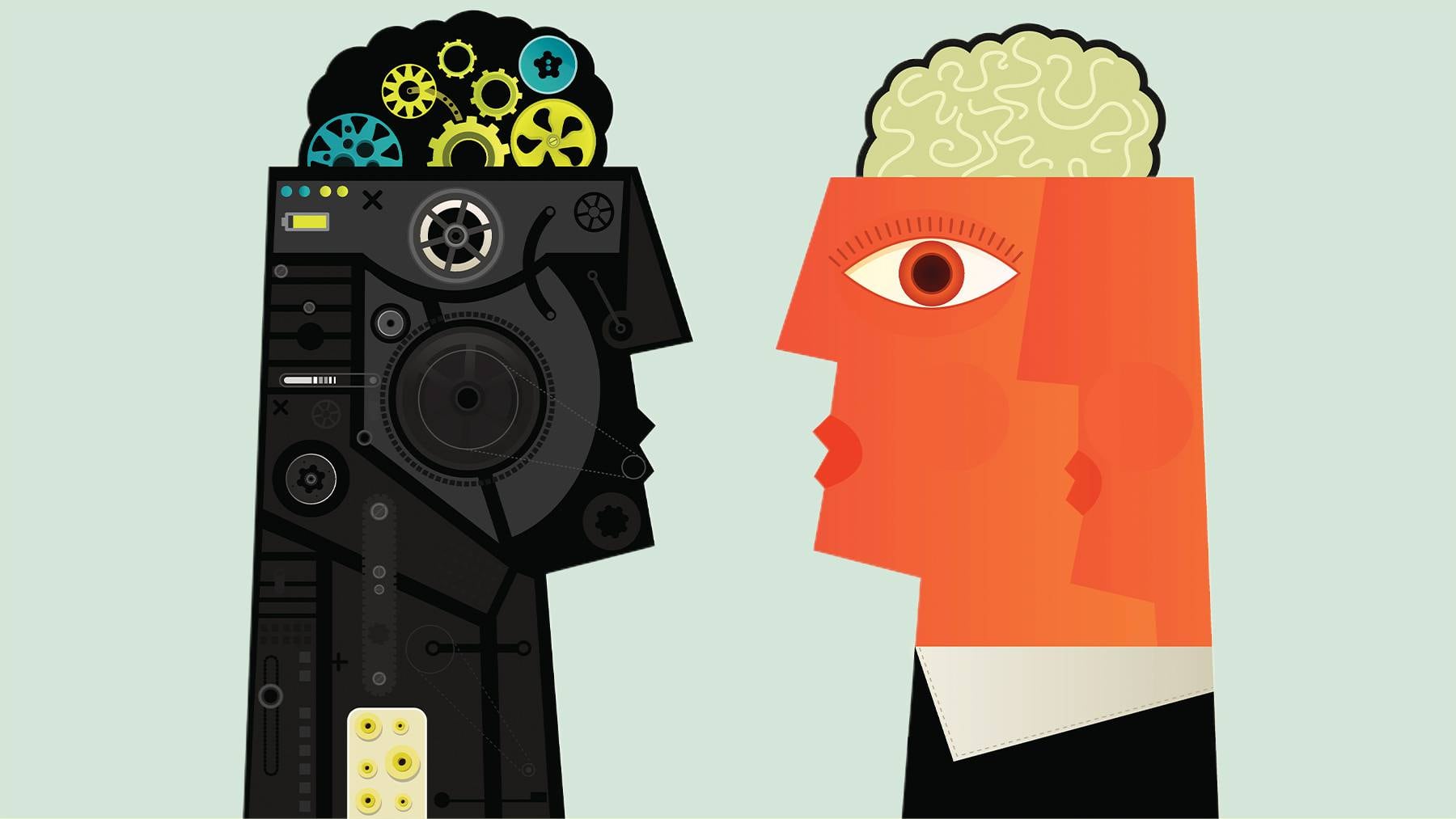 Two people facing each other. The one on the left with a machine brain and cogs visible and the one on the right with a human face.