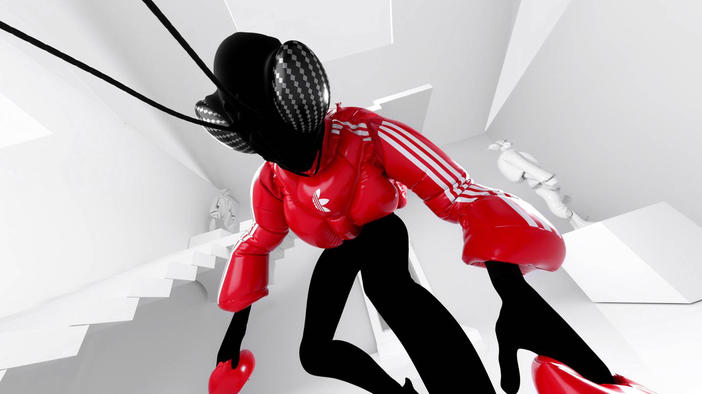 A figure with an insect-like head wears a red Adidas virtual puffer jacket.