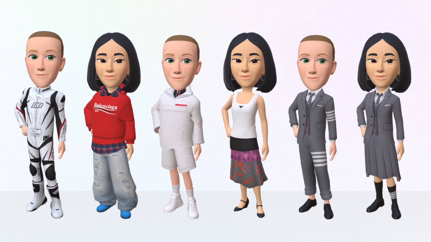 Cartoon avatars of Mark Zuckerberg and Eva Chen pose in different outfits including a baggie Balenciaga hoodie and jeans, a grey Thom Browne suit and a white anorak and shorts from Prada.