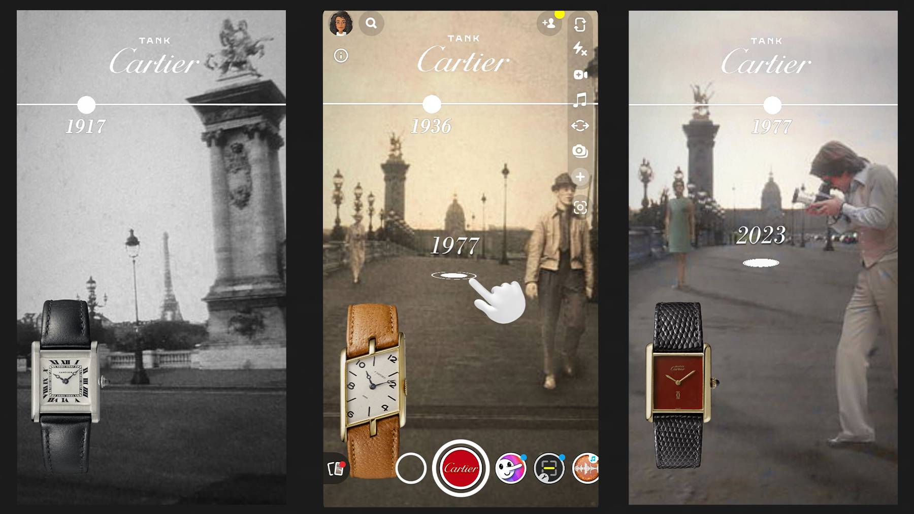 Three panels in the image show Cartier's Snapchat campaign featuring its Tank watch at different points in history.
