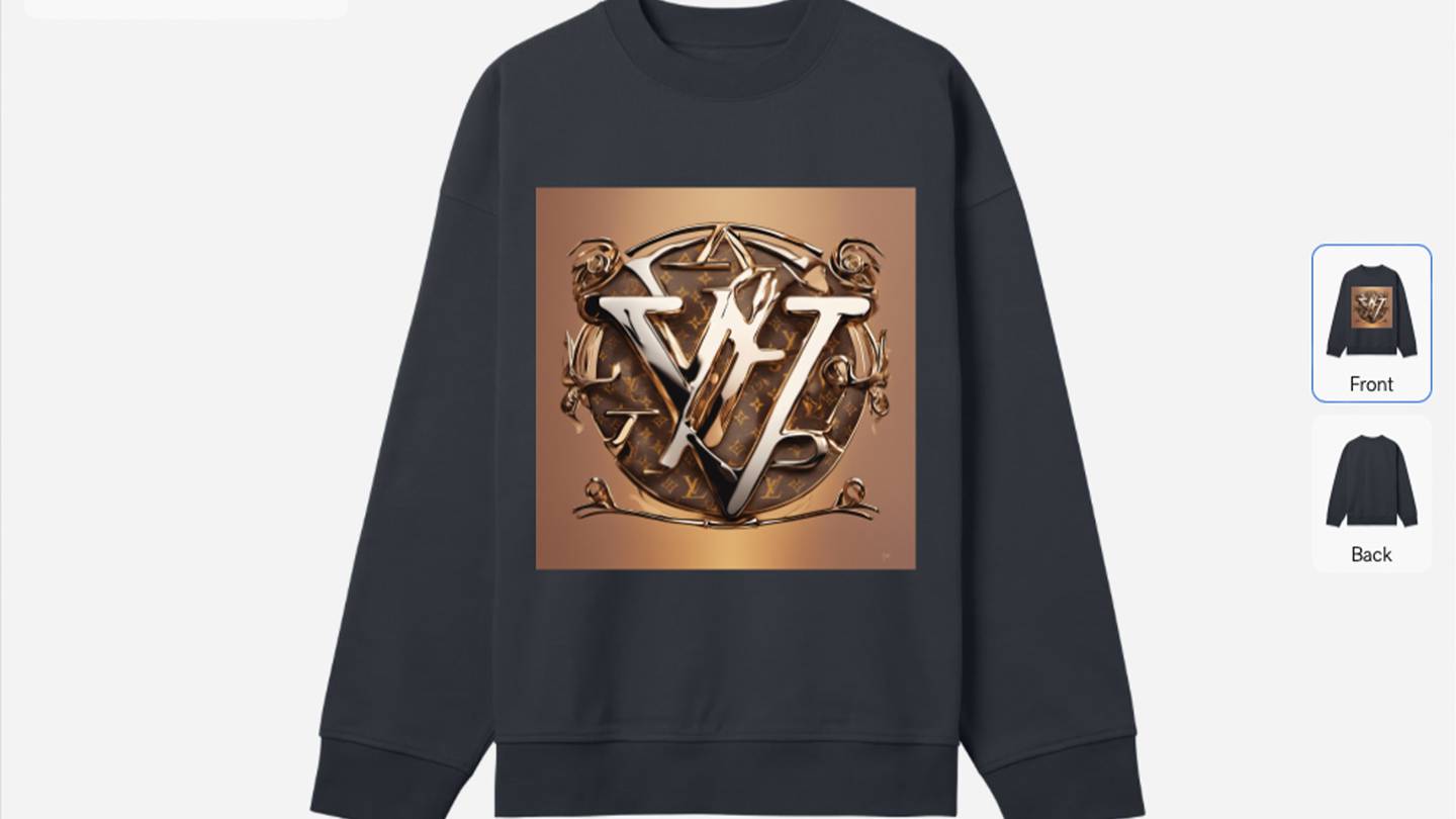 A sweatshirt design made in Creator Studio featuring an AI-generated logo resembling Louis Vuitton's with the luxury brand's monogram as the background.