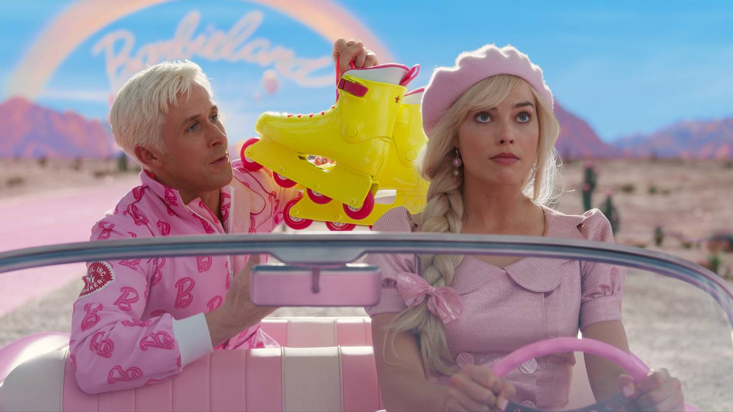 A still from the Barbie Movie, Featuring Ryan Gosling as Ken and Margot Robbie as Barbie