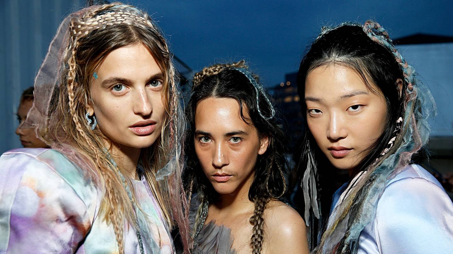 Models pose backstage at the Collina Strada show during New York Fashion Week.