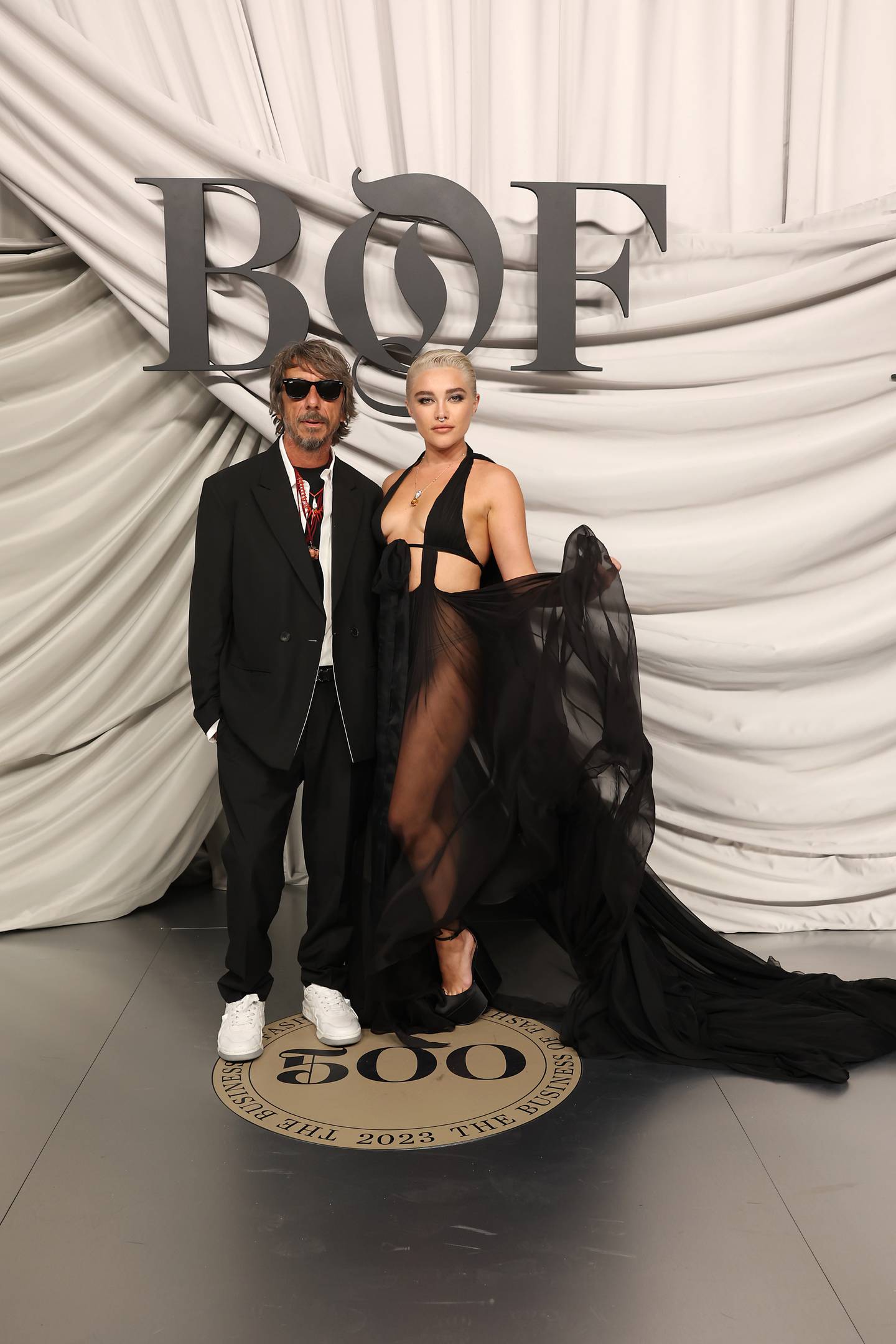 Pierpaolo Piccioli and Florence Pugh attend the #BoF500 Gala during Paris Fashion Week at Shangri-La Hotel Paris on September 30, 2023 in Paris, France.