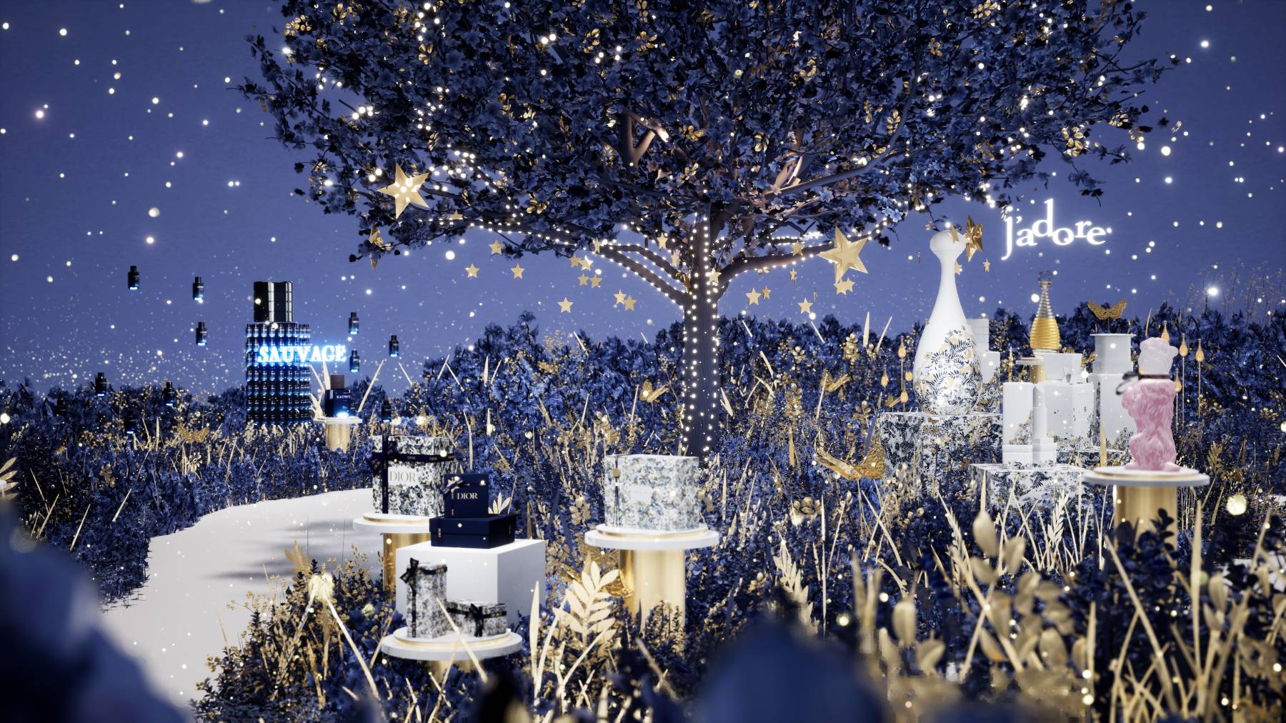 Dior fragrances sit on pedestals amid a virtual garden of blue and gold flowers, set against a starry backdrop.