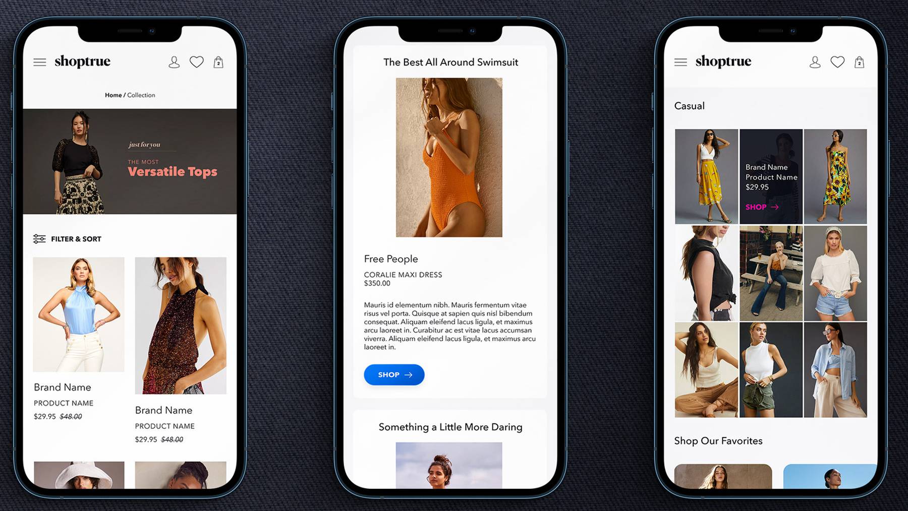 Screenshots of shopping app Shoptrue.