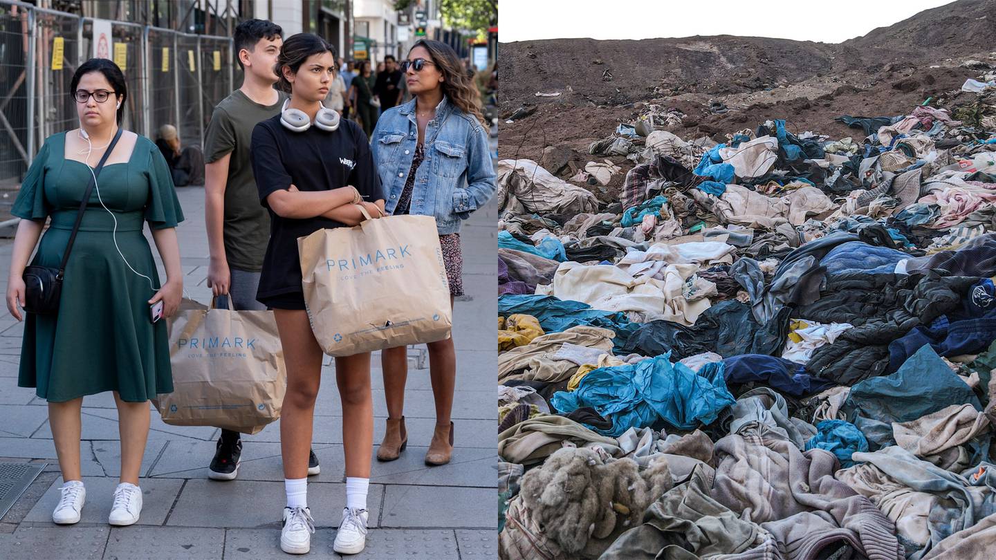 A group of shoppers stand holding full bags from Primark. The image is juxtaposed next to a photo of clothing waste piled up in the Atacama desert in Chile.