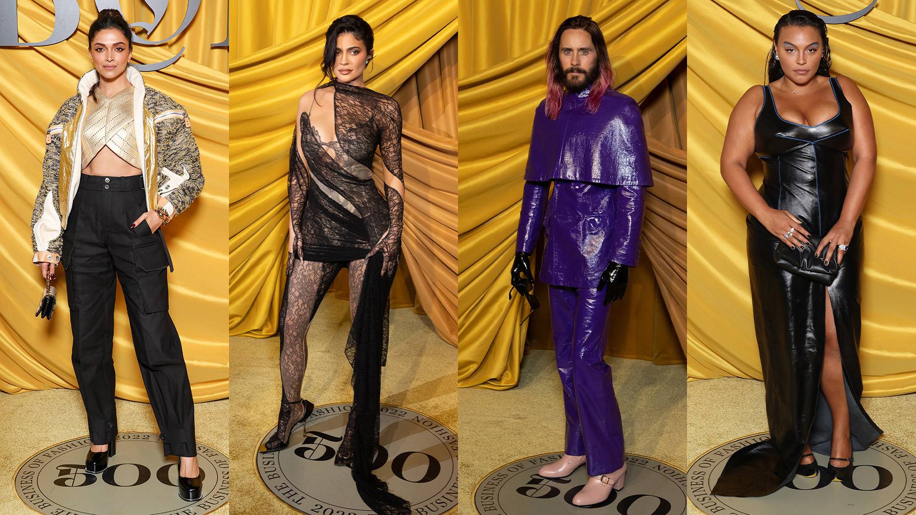 (L-R) Deepika Padukone, Kylie Jenner, Jared Leto and Paloma Elsesser attend the #BoF500 gala during Paris Fashion Week.