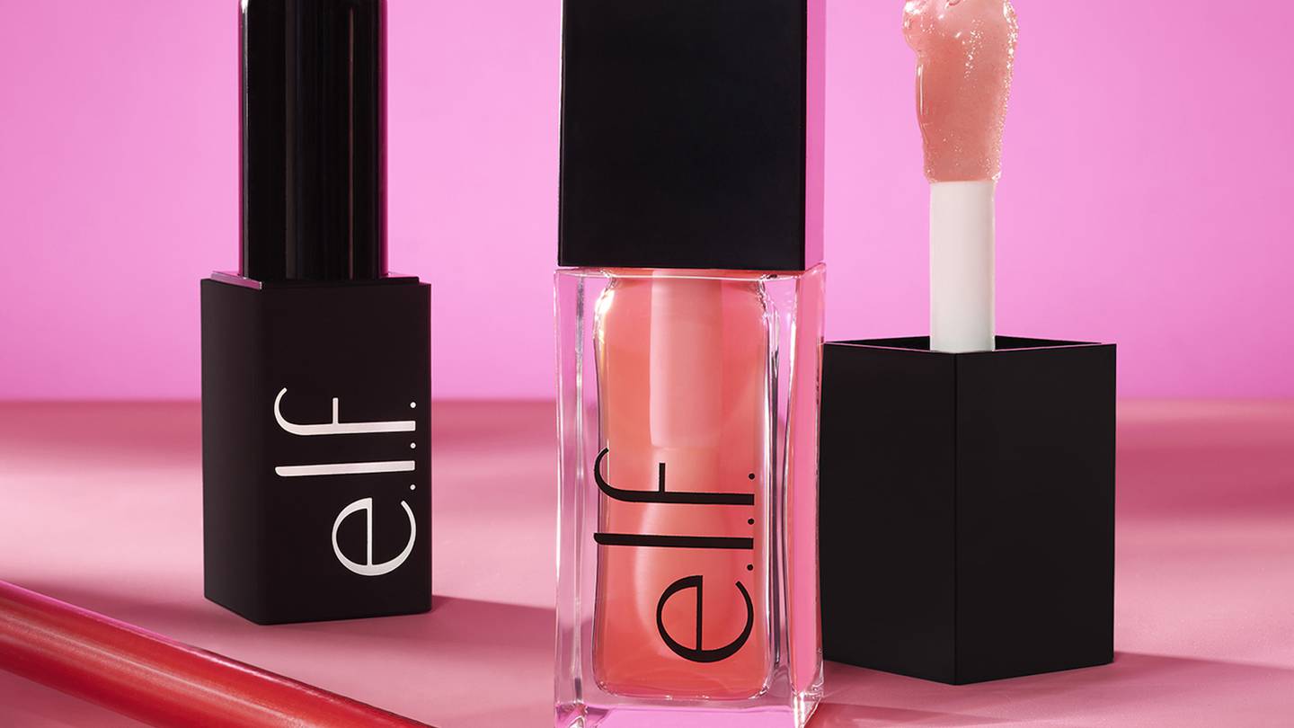Group shot of E.l.f. Cosmetics' Cream Glide Lip Liner in Pinky Swear,  O-Face Lipstick in Loud and Glow Reviver Lip Oil in Pink Quartz.