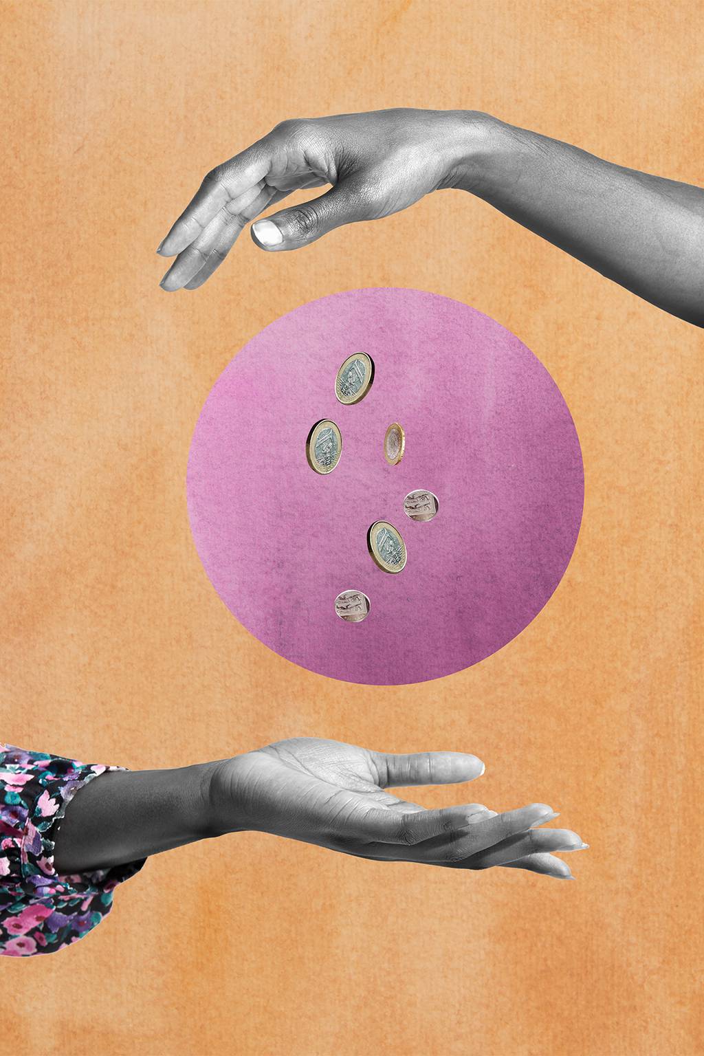 Two hands dropping money to each other on an orange and pink background.