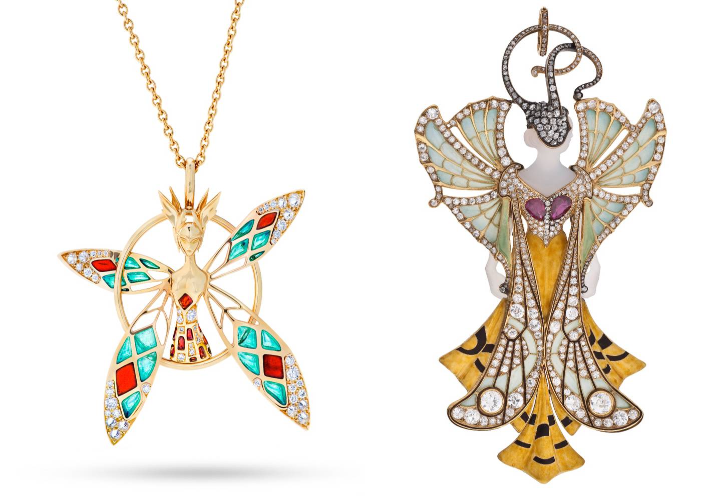 Left: A fairy pendant from Luximpact's first high jewellery collection for Vever brand. Vever. Right: An archival pendant by Vever in 1900. Museum des Arts Decoratifs de Paris.