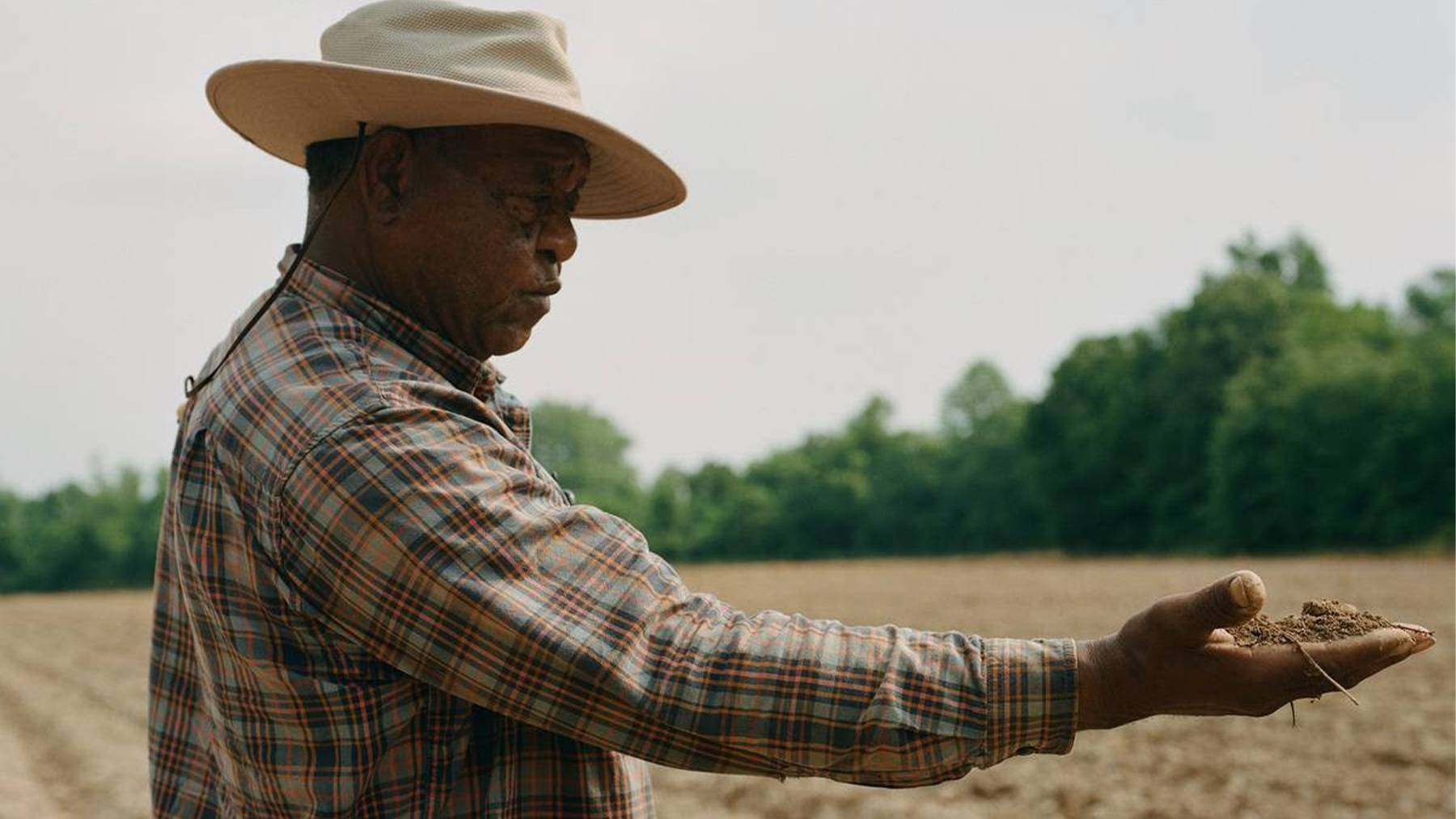 在图像的右边，一个农民举起手拿着泥土。
