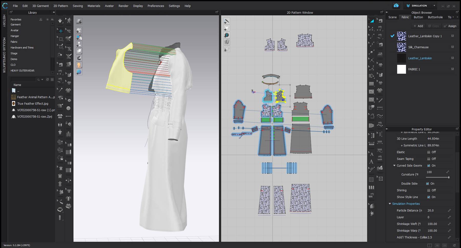 A shot of Clo3D's software showing a split screen with a rendering of a three-dimensional garment on the left, and on the right, its two-dimensional pattern pieces.