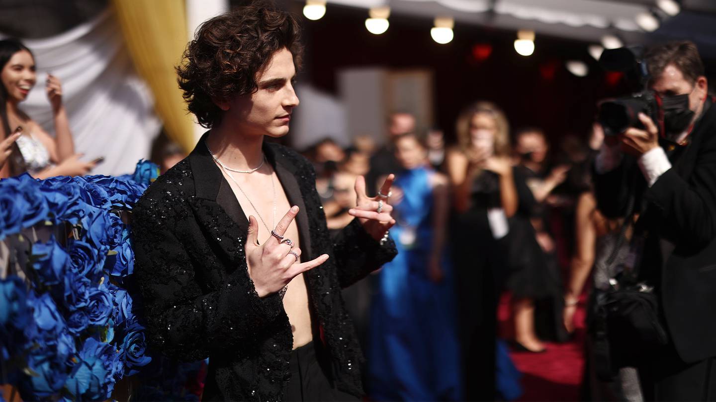 Actor Timothée Chalamet in a Louis Vuitton design at the 2022 Academy Awards.
