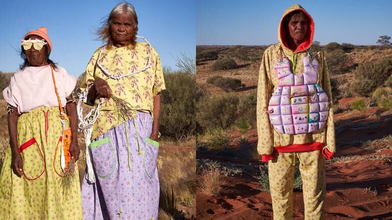Kay Finn and Audrey Stewart wearing designs by Dunjiba Community Artists supported by Ku Arts; Melissa Stewart wearing designs by Dunjiba Community Artists supported by Ku Arts. Melanie Henderson.