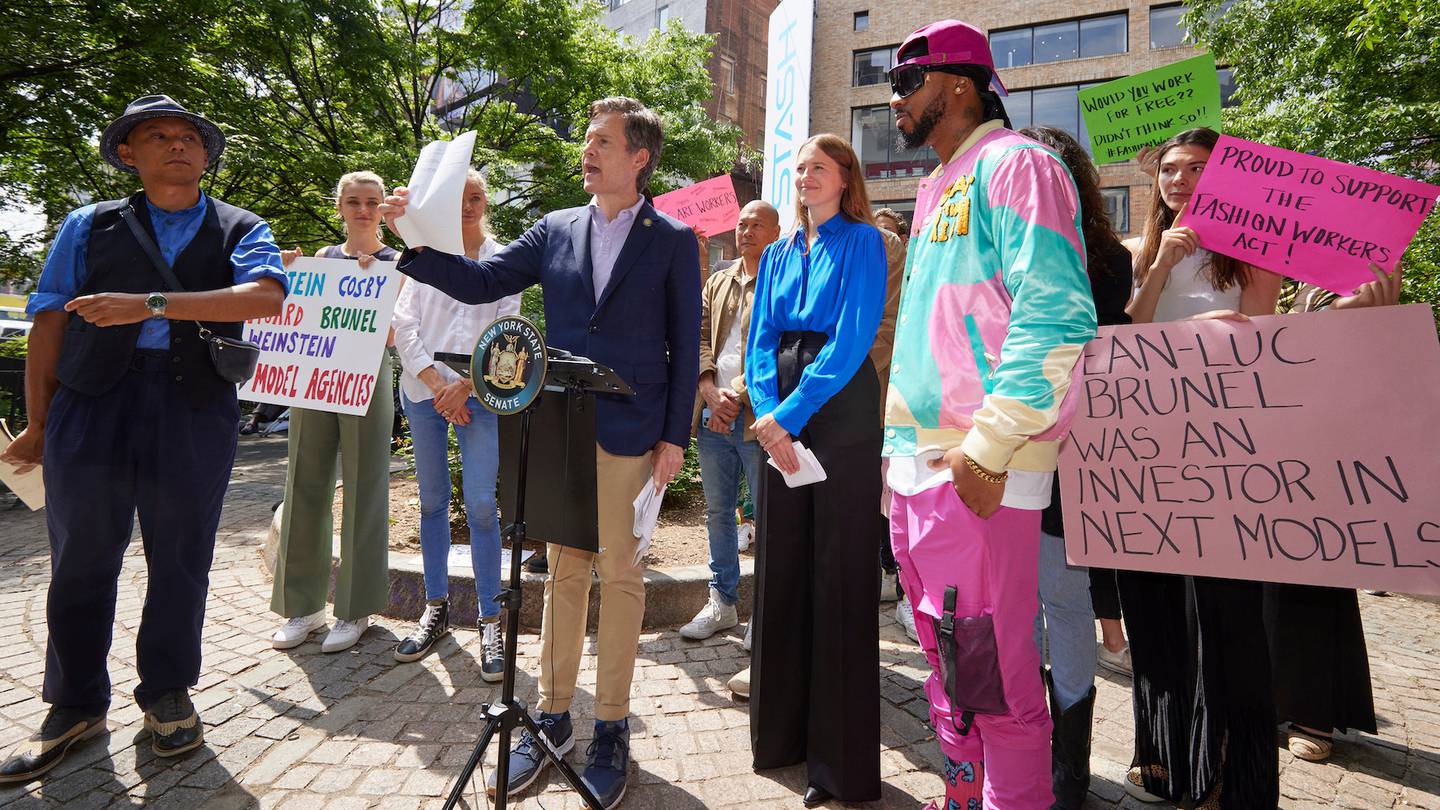 Senator Brad Hoylman urges legislature to pass the Fashion Workers Act before the session ends at a rally on May 27.