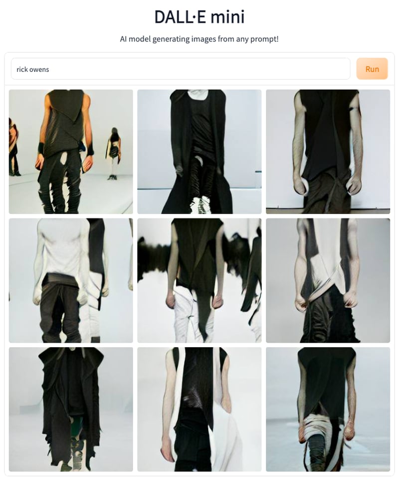 Black garments wrapped and draped on what look like male models form most of Dall-E Mini's idea of Rick Owens.