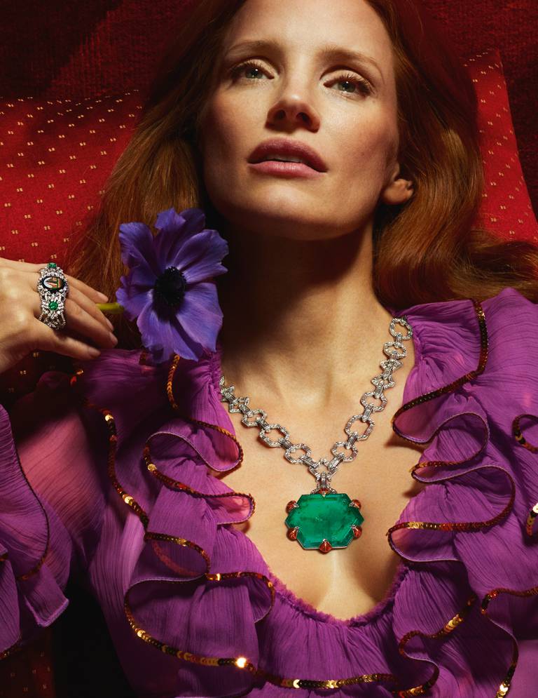 Gucci's latest high jewellery campaign featuring Jessica Chastain.