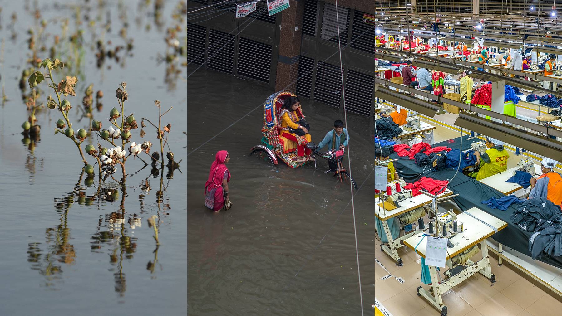 Left to right: flooding affects a cotton field in Pakistan; waterlogged streets in Dhaka, Bangladesh following Cyclone Sitrang; women working in a garment factory in Bangladesh