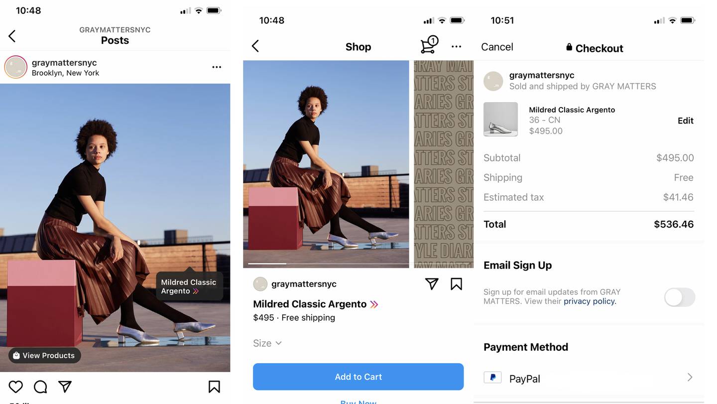 The Instagram Checkout process for Gray Matters.