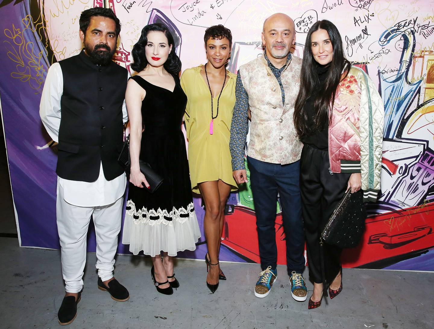 (L-R) Sabyasachi, Dita Von Teese, Carly Hughes, Christian Louboutin and Demi Moore at the Christian Louboutin and Sabyasachi Unveil Capsule Collection.