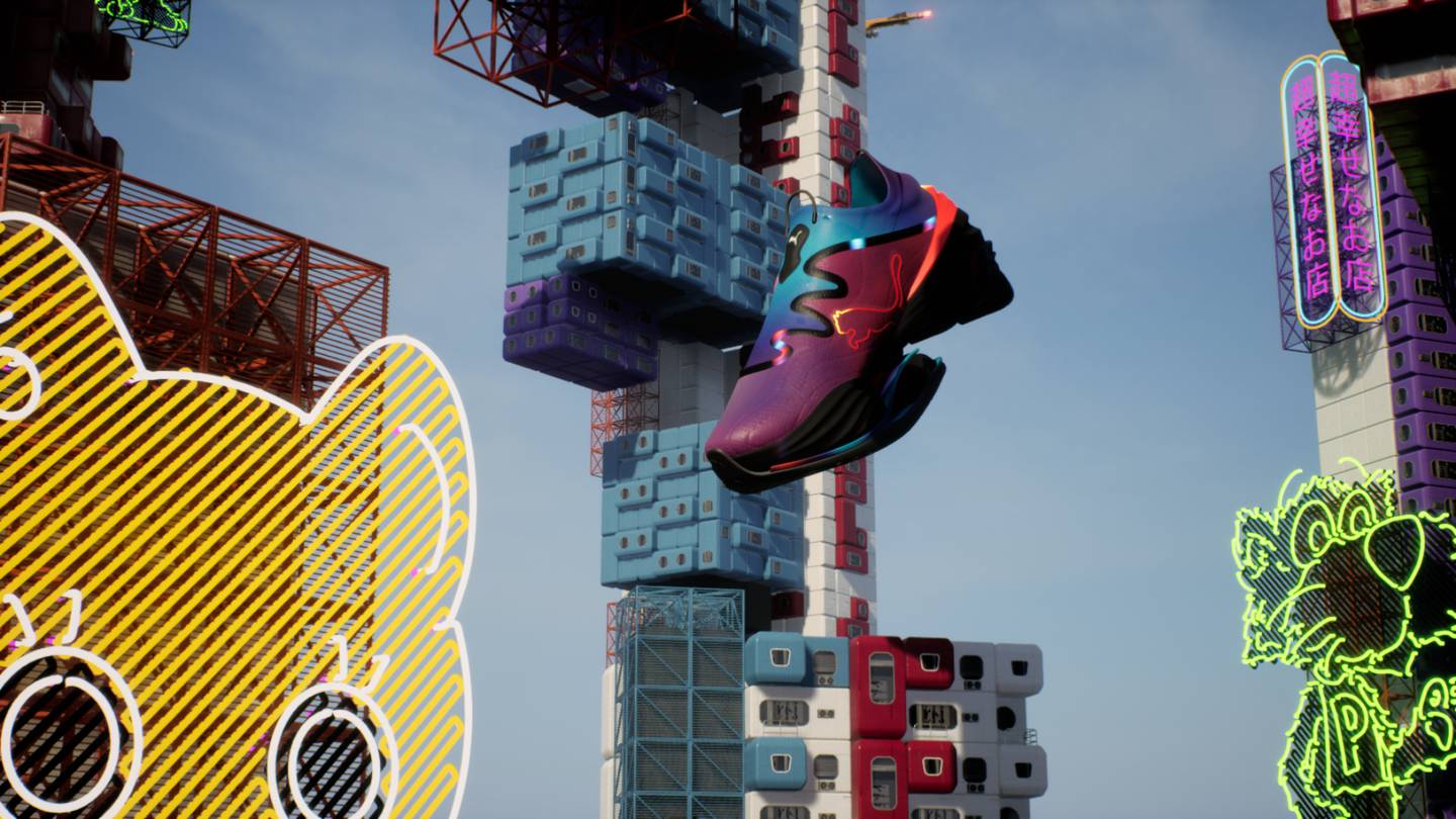 A giant Puma sneaker floats in the middle of a futuristic virtual world.