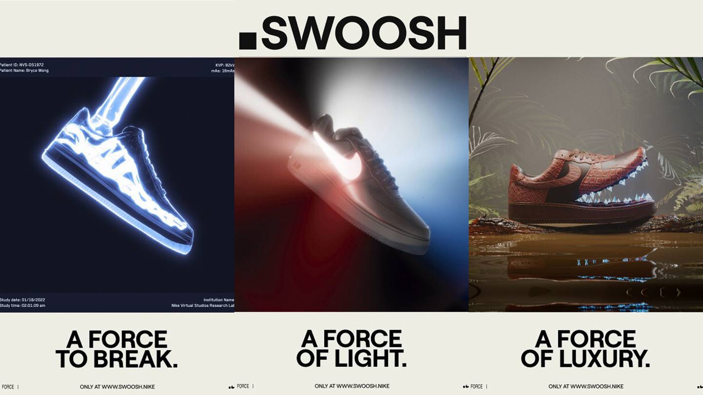 Three panels show different Air Force 1 sneakers augmented for the digital world, with one displaying a glowing skeletal foot inside the shoe, another radiating light from its swoosh, and the third showing the front of the shoe opening like a crocodile's mouth.