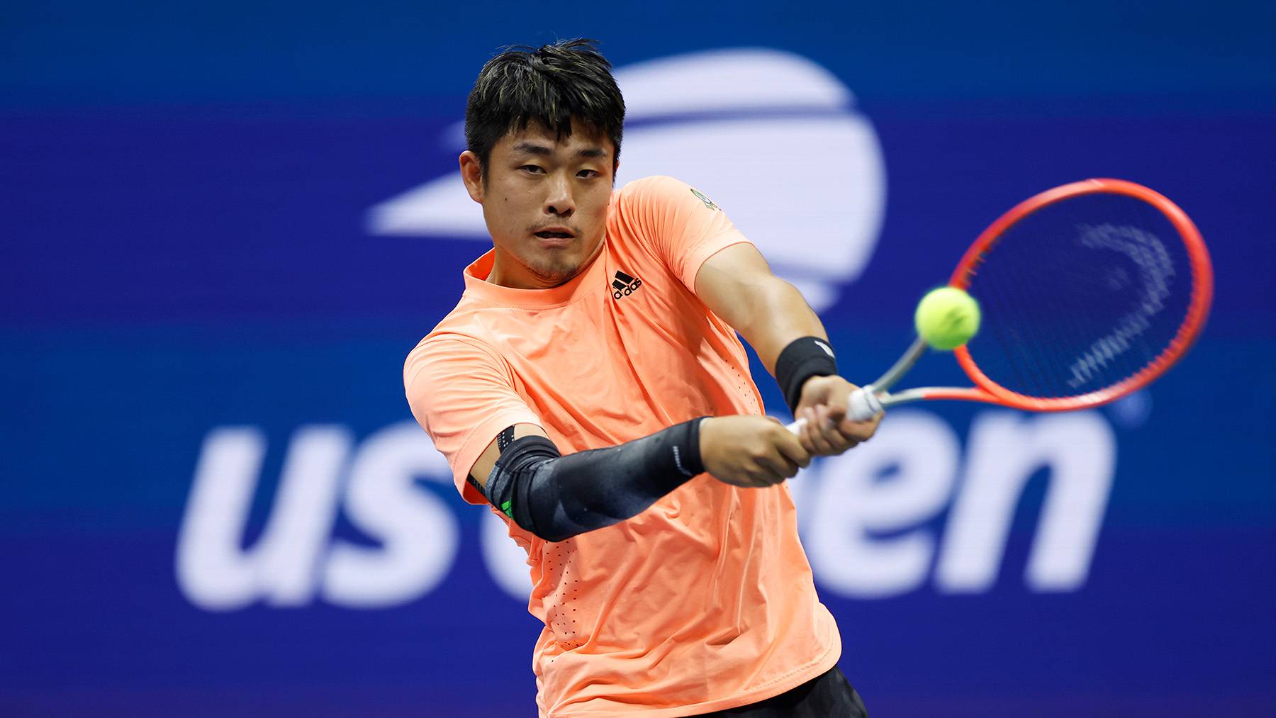 Yibing Wu of China plays a backhand against Daniil Medvedev during their Men's Singles Third Round match on Day Five of the 2022 US Open at USTA Billie Jean King National Tennis Center on September 02, 2022 in the Flushing neighborhood of the Queens borough of New York City.