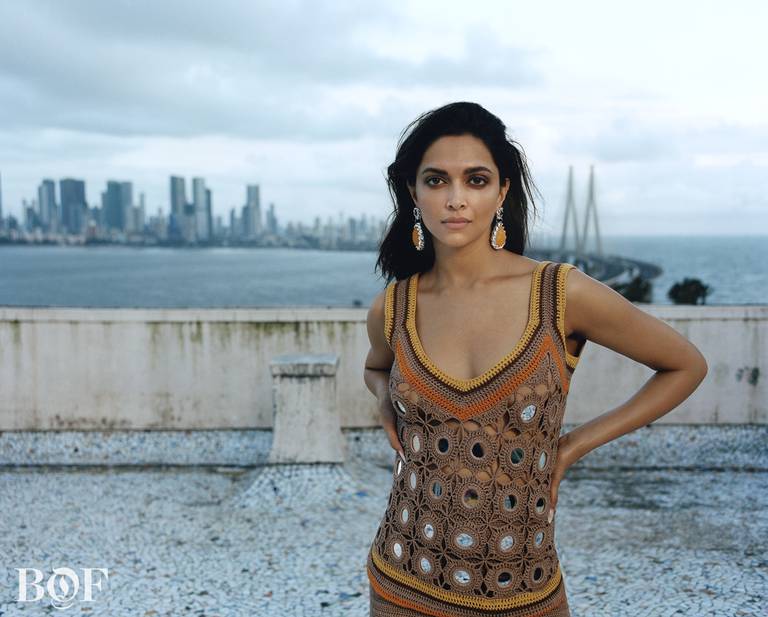 Deepika Padukone in Wales Bonner, and vintage earrings from The Hirst Collection.