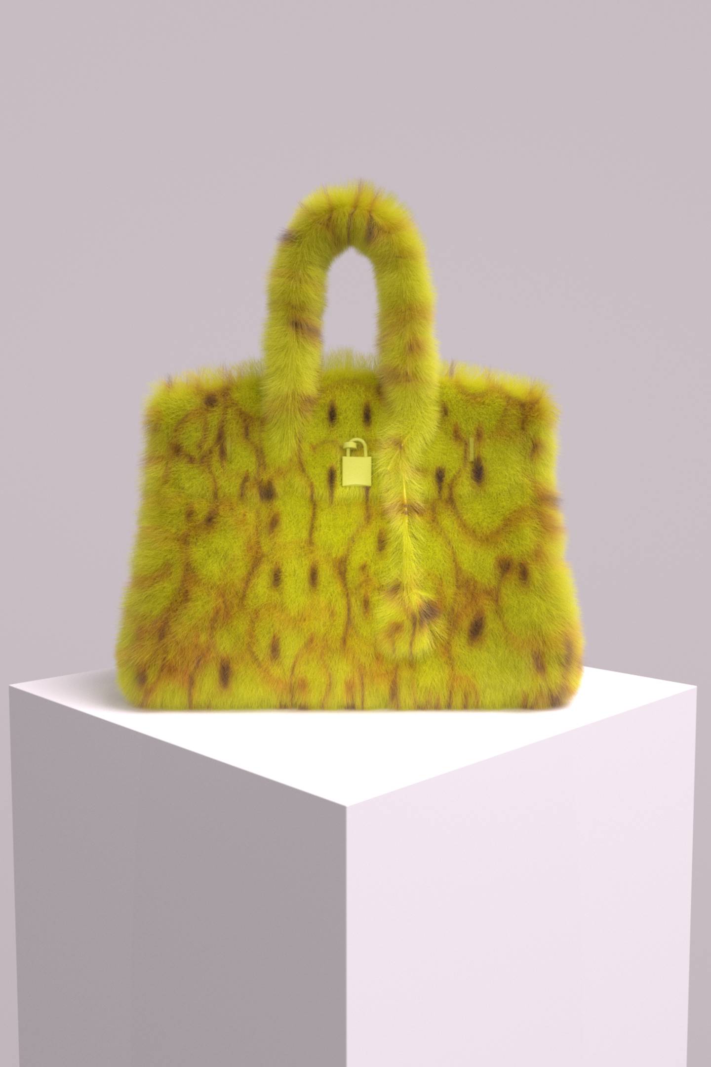 A digital interpretation of Hermès' Birkin bag rendered in yellow faux fur and overlapping smiley faces.