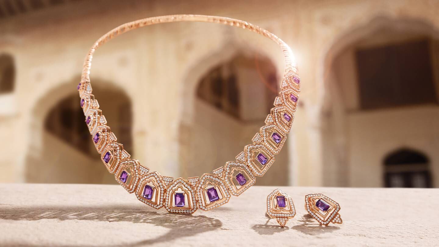 Diamond necklace and earrings from Tanishq's Tales of Mystique collection launched in 2023.
