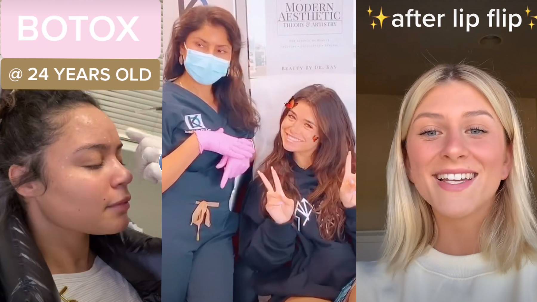 Minor cosmetic procedures like Botox, "lip-flips" and fillers are on the rise among young consumers. Source: TikTok @adrienedavidson, @beautybydrkay, @jillian_dearwater.