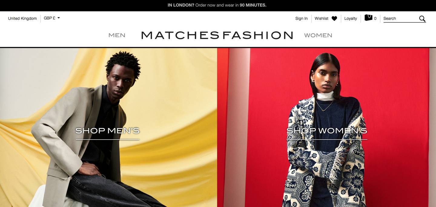 Matchesfashion's online home page, featuring one male model and one female model to designate the respective departments.