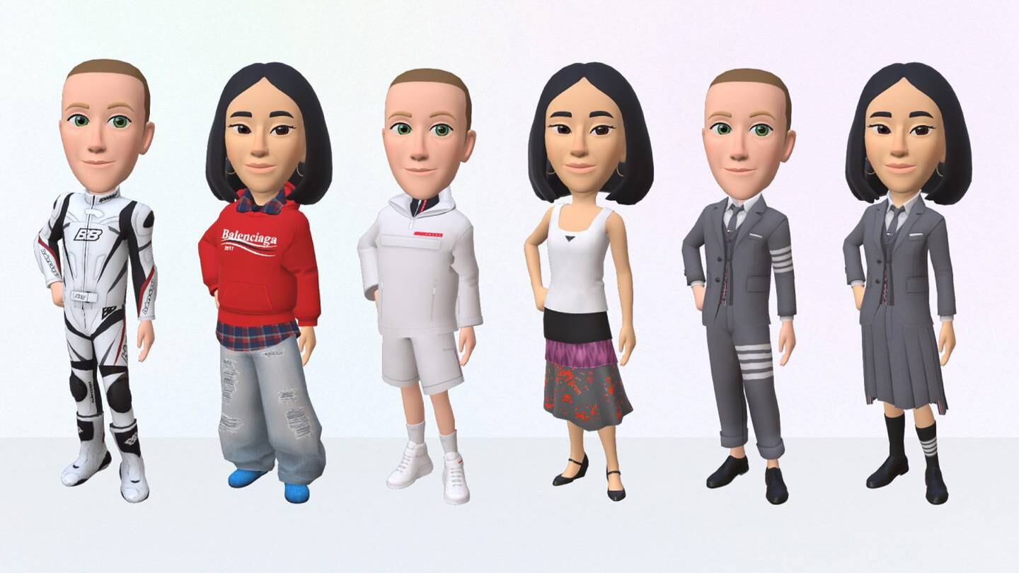 Digital avatars wearing outfits by Balenciaga, Prada and Thom Browne. The outfits include a Balenciaga hoodie and jeans as well as a Thom Browne skirt suit.
