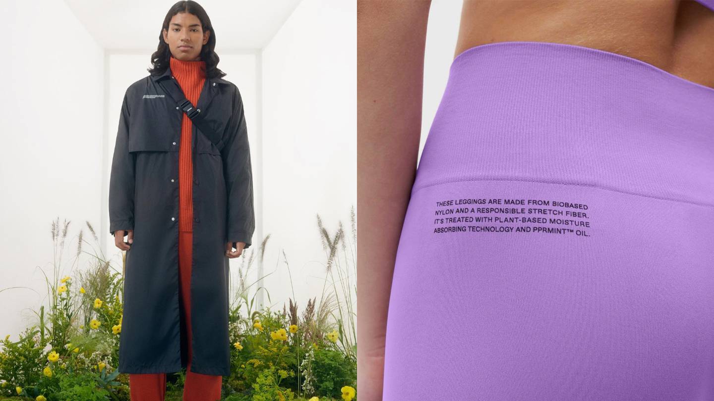 A model stands in a white room wearing a black Pangaia jacked and orange sweatsuit surrounded by greenery and flowers. A second image shows a close up of lilac leggings emblazoned with Pangaia's characteristic note on material content.